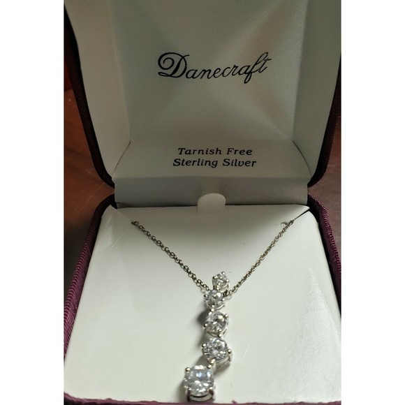 Danecraft Sterling Silver Swerved Drop CZ Stones Pendant 18 in. Chain New in Box - Picture 2 of 4